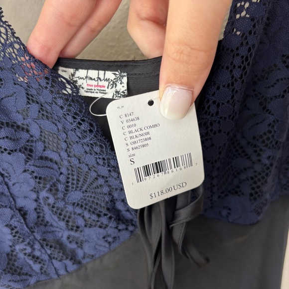 Free People Countryside Satin Lace Maxi Slip Dress Black & Blue Size Small NWT - Picture 7 of 9